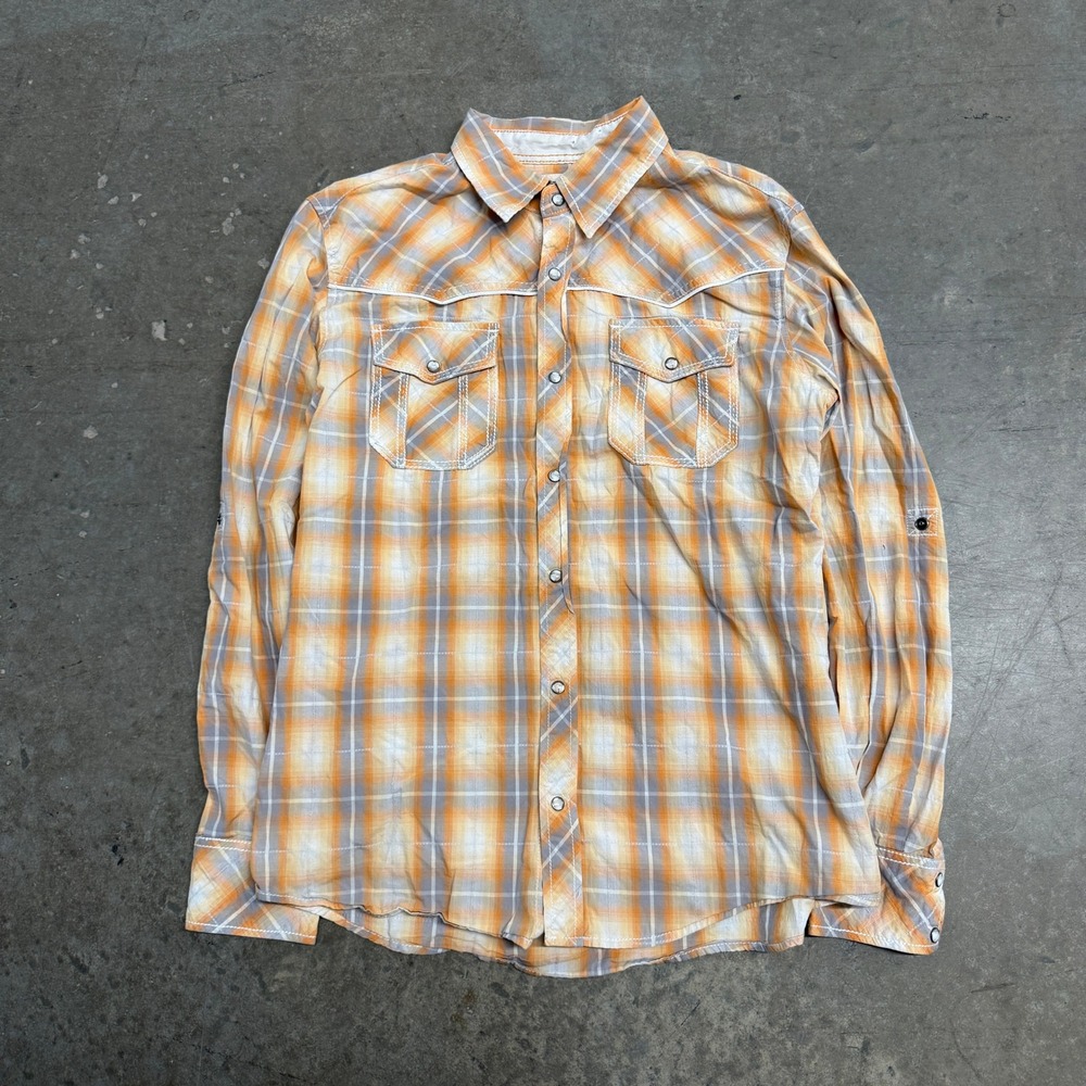 BKE Mens Athletic Fit Orange Grey Plaid Pearl Snap Western Shirt Medium